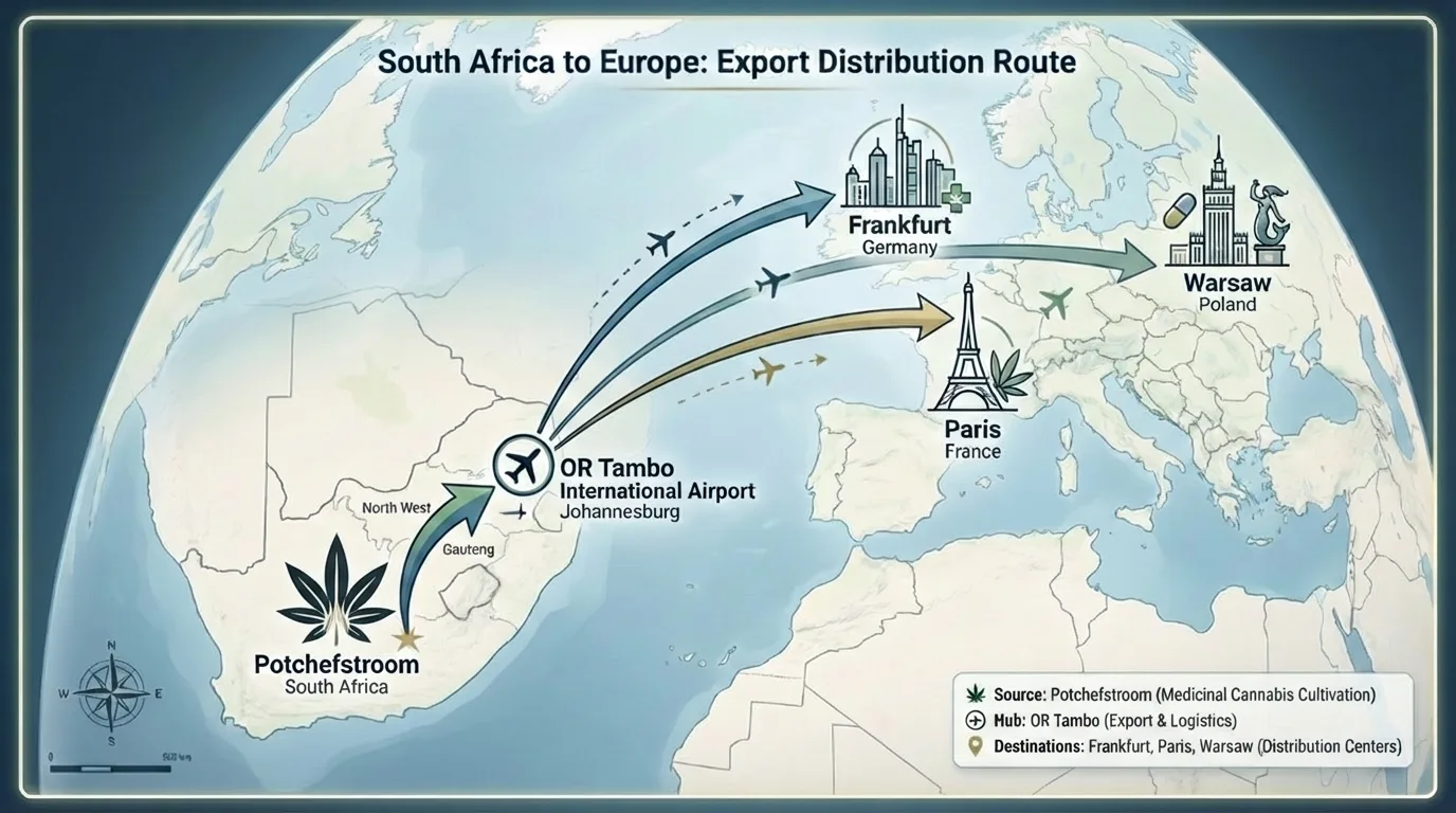 Export distribution route map from Potchefstroom to OR Tambo International Airport to Frankfurt, Paris, and Warsaw