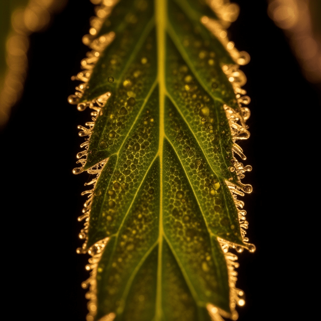 Macro cannabis leaf with trichomes backlit in gold against a dark background