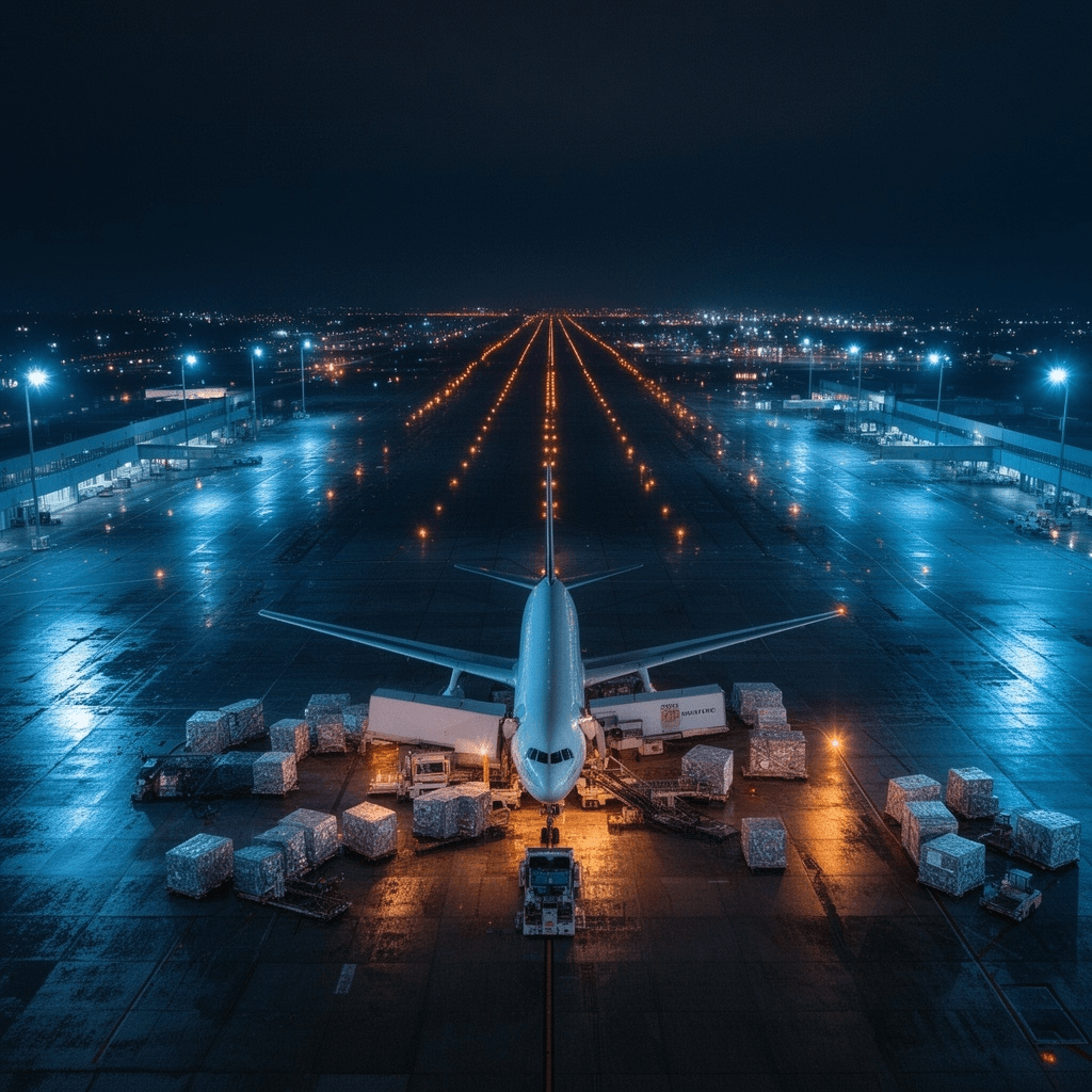 Aerial night view of airport cargo logistics and freight operations