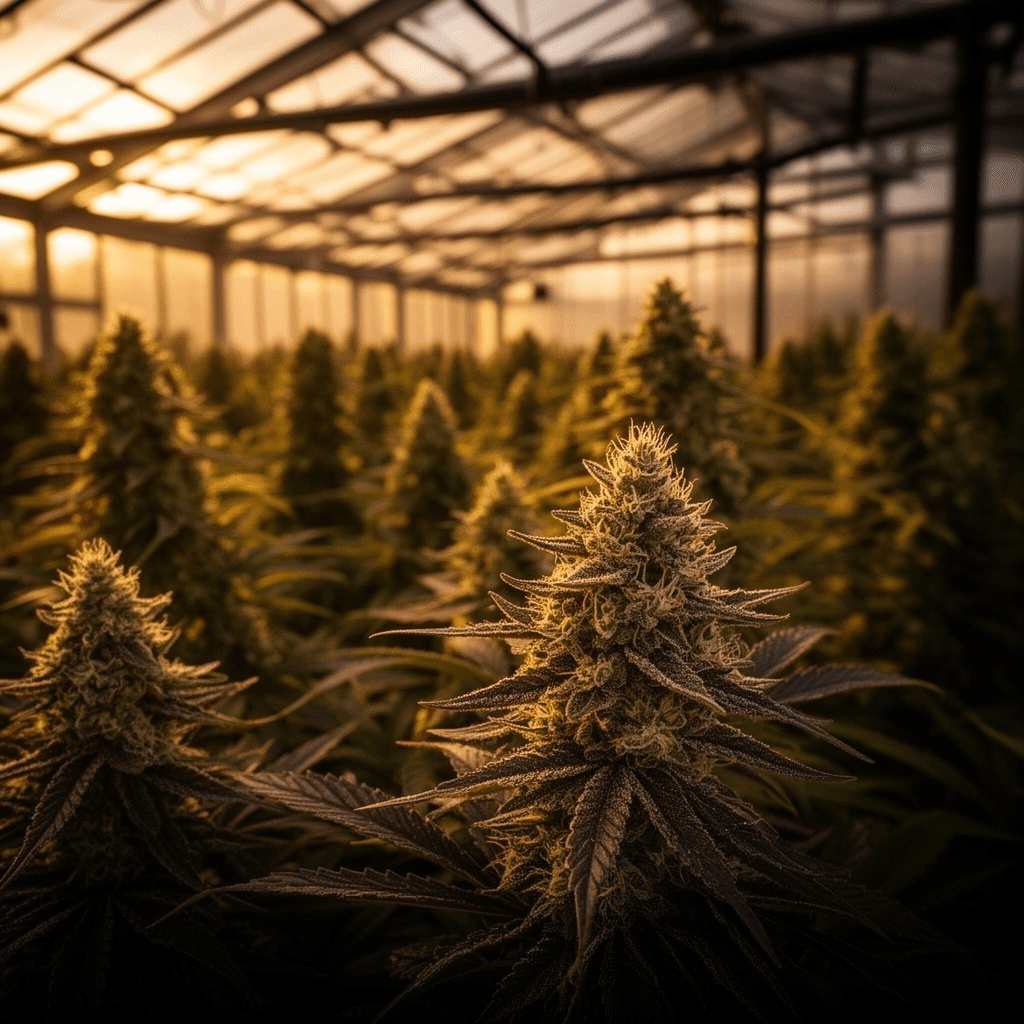 Cannabis flowering stage in independent greenhouse bay